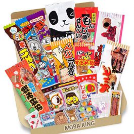 Trial Japanese Dagashi 20pcs Box 20pcs Umaibo Snack Gummy potato Chip Kitty chocolate w/AKIBA KING Sticker